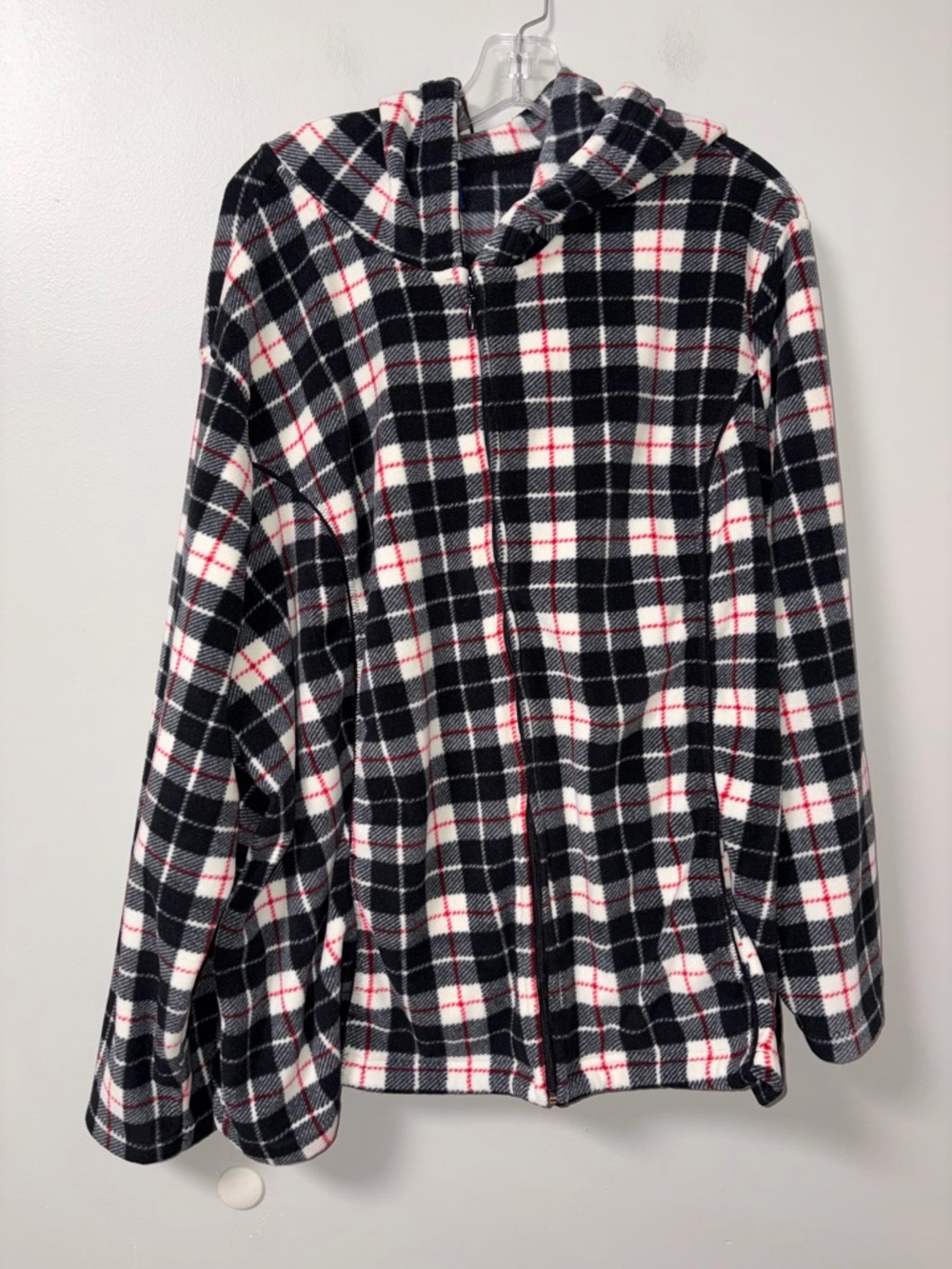 Basic Editions Black White Red Plaid Fleece Full Zip Hooded Jacket Oversized 3X